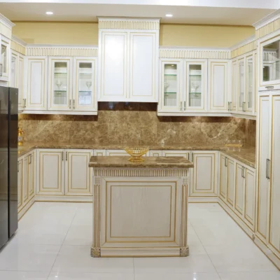 Kitchen in Semi Solid Ashwood with Chowki White Finish